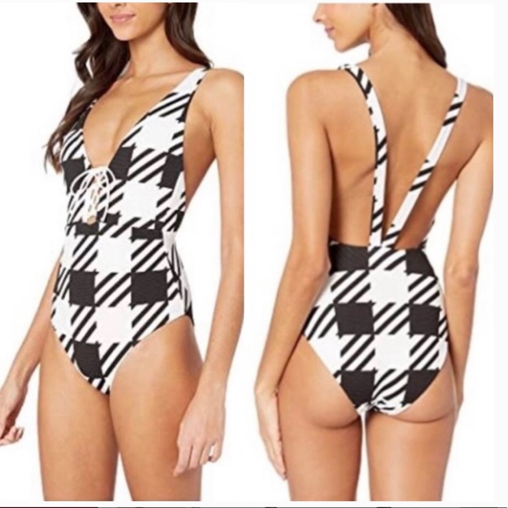 Onia Iona Lace-Up 1 Piece Swimsuit White/Black XS
